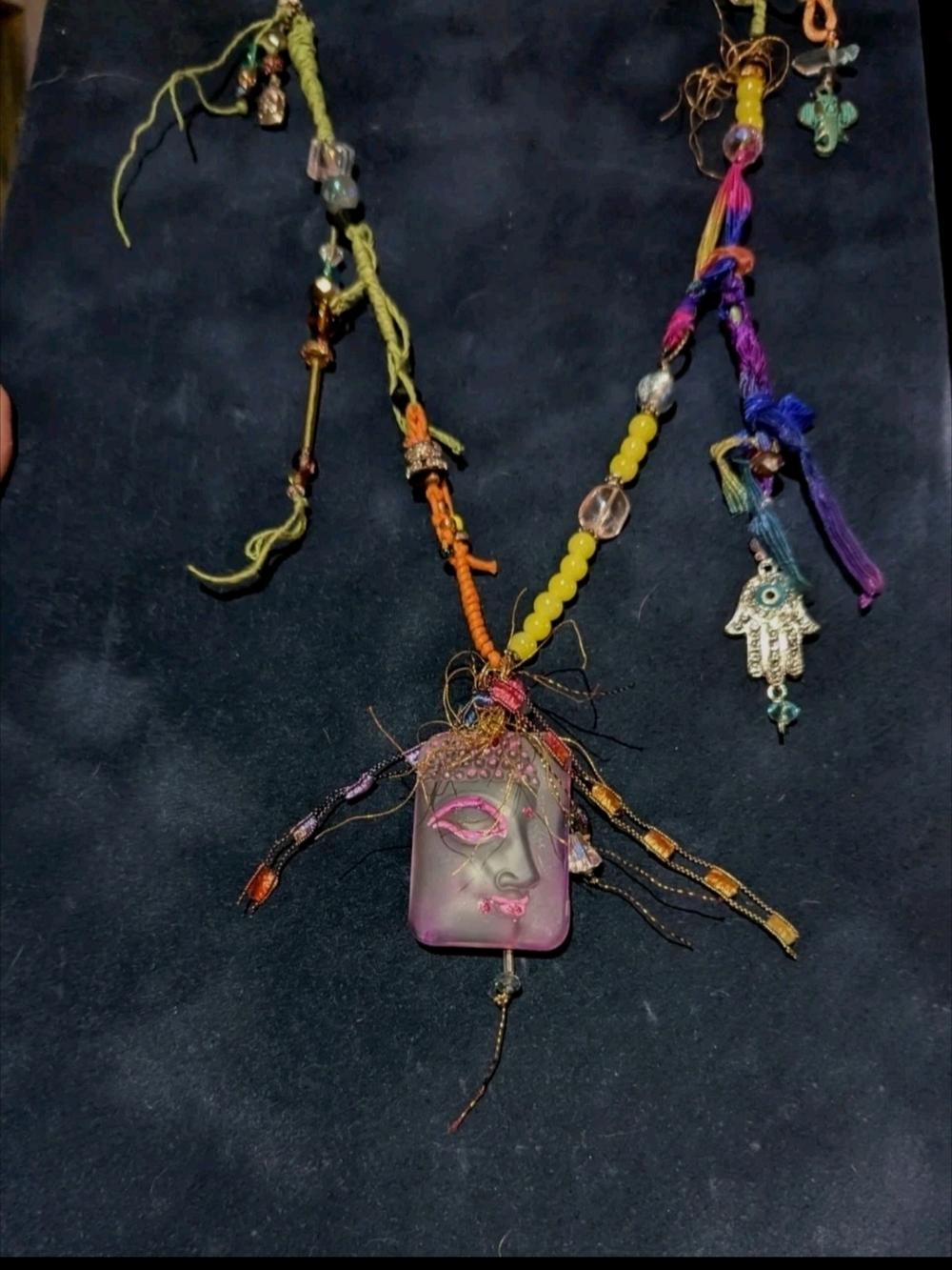Bohemian Pink Buddha Glass Pendant Necklace with Multicolor Beads - Picture 4 of 10